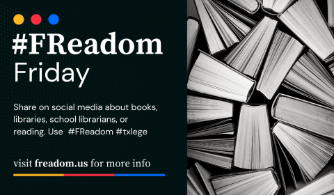 FReadom Friday graphic asking readers to share books with hashtag txlege